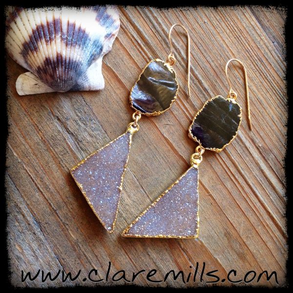 Black Obsidian Slice & Druzy Earrings
