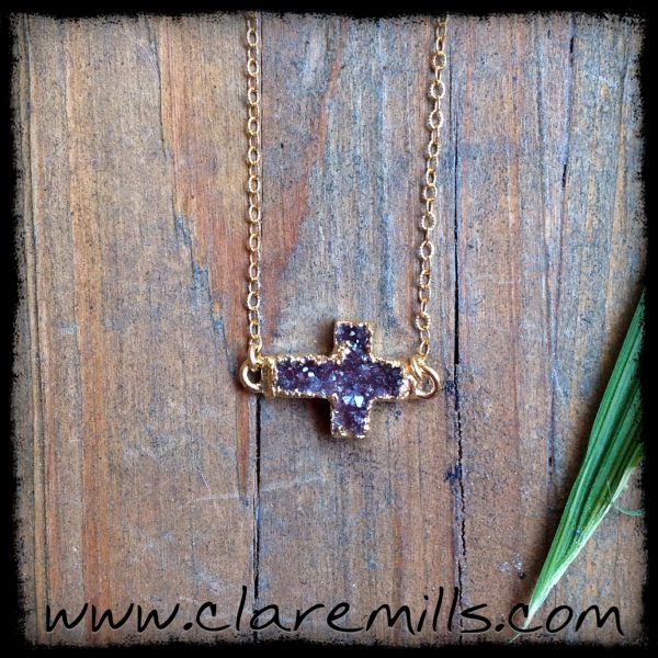 Amethyst Druzy Cross on Delicate Gold Chain