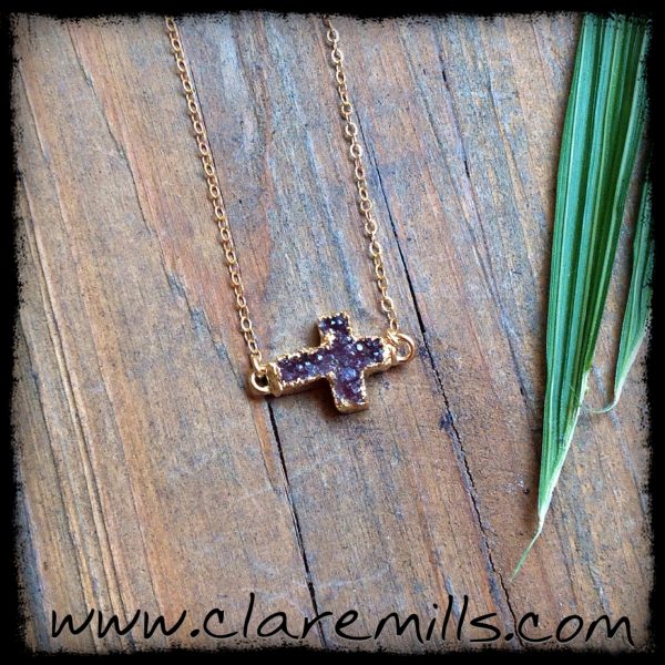 Amethyst Druzy Cross on Delicate Gold Chain