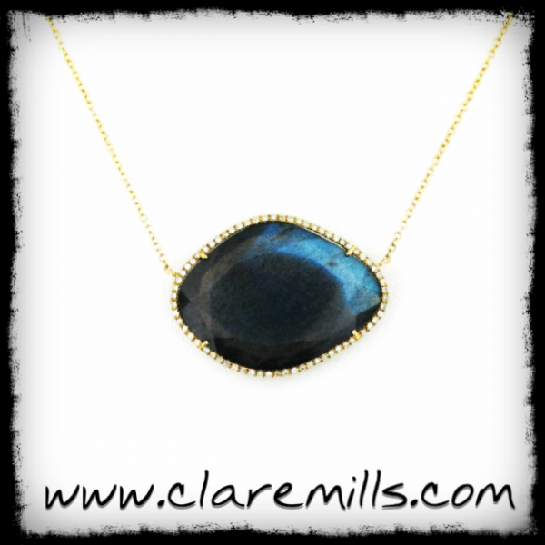 Labradorite Slice with Pave Diamonds on Yellow Gold
