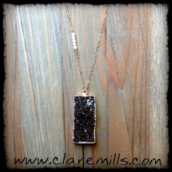 Rectangle Druzy Necklace with Pearls