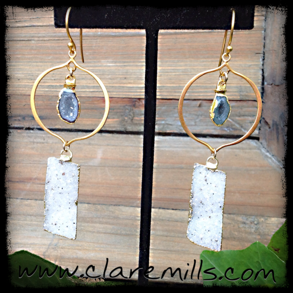 Baby Geode with White Druzy Dangles