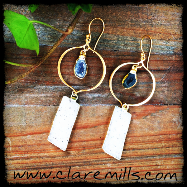 Baby Geode with White Druzy Dangles