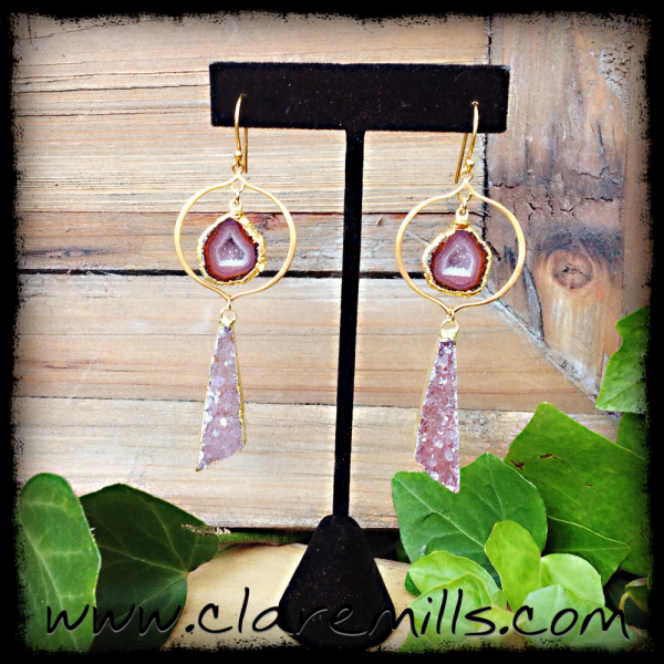 Purple Geode and Long Druzy Earrings