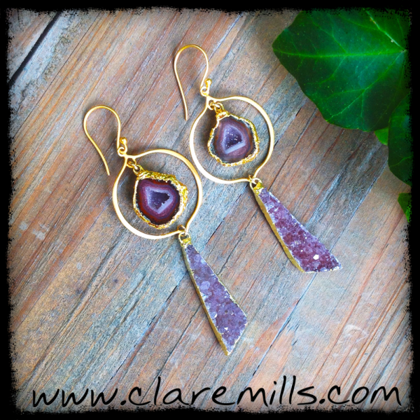 Purple Geode and Long Druzy Earrings
