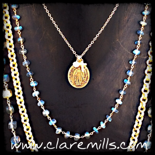 Antique Religious Medal Multi Strand Necklace