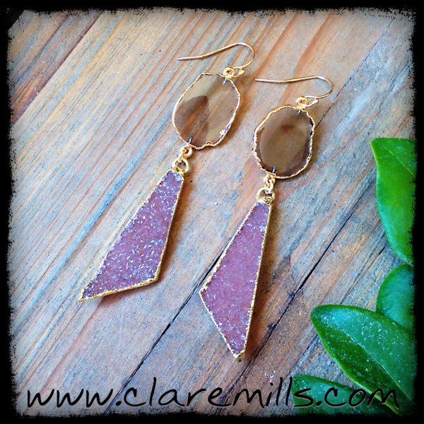 Smoky Topaz Slice & Blush Druzy Earrings