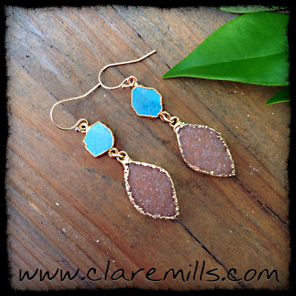 Turquoise Slice & Blush Druzy Teardrop Earrings - Reserved for Maria Frank