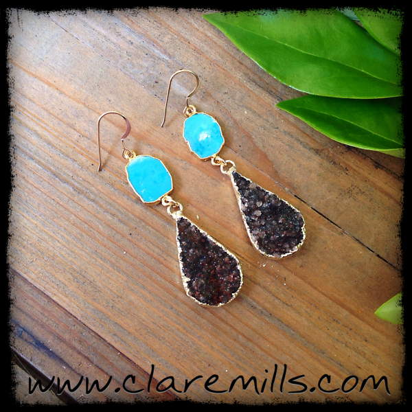 Turquoise Slice & Brown Druzy Teardrop Earrings