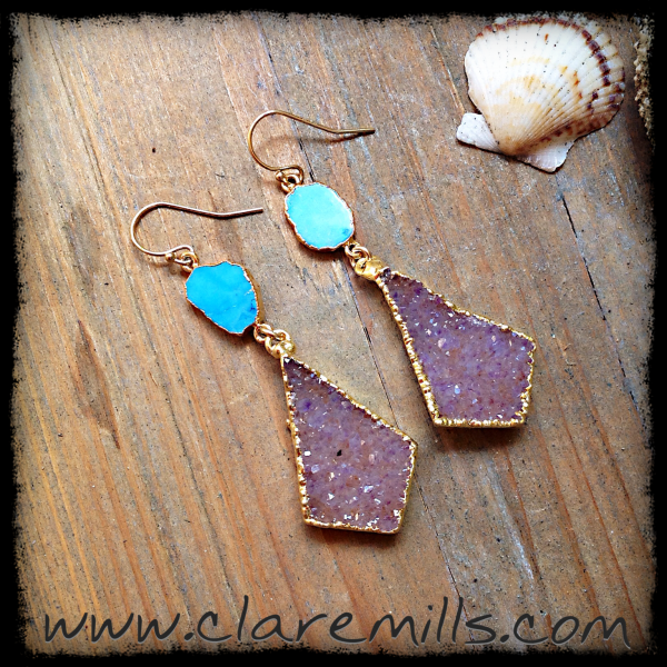 Turquoise Slice & Mauve Druzy Earrings