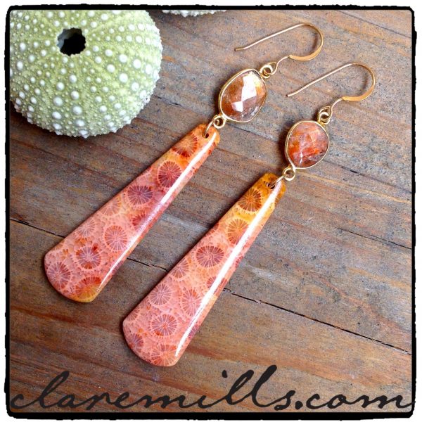 Fossilized Coral & Sunstone Earrings