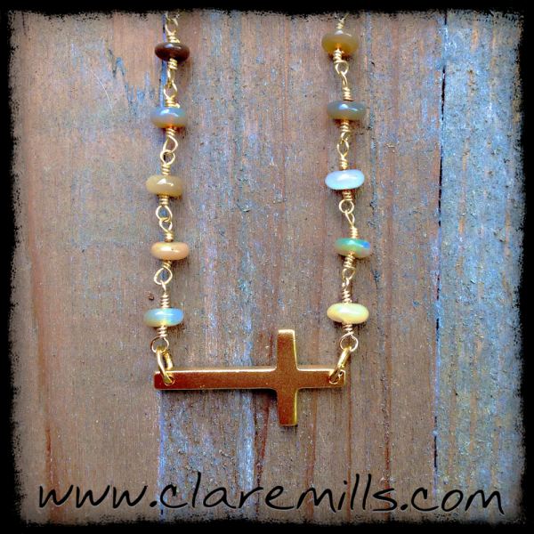 Vermeil Sideways Cross on Opal