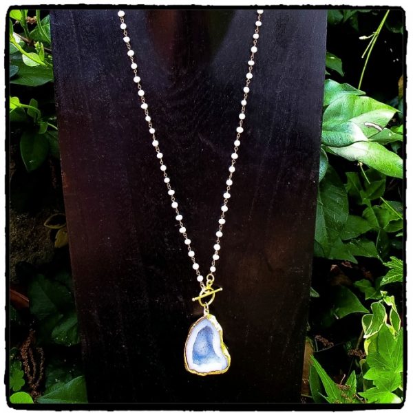 Blue Geode and Pearl Necklace