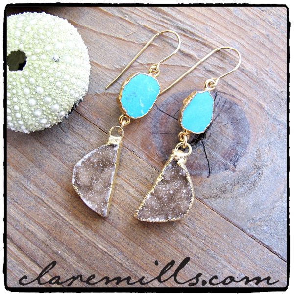 Turquoise Slice & Sand Druzy Earrings