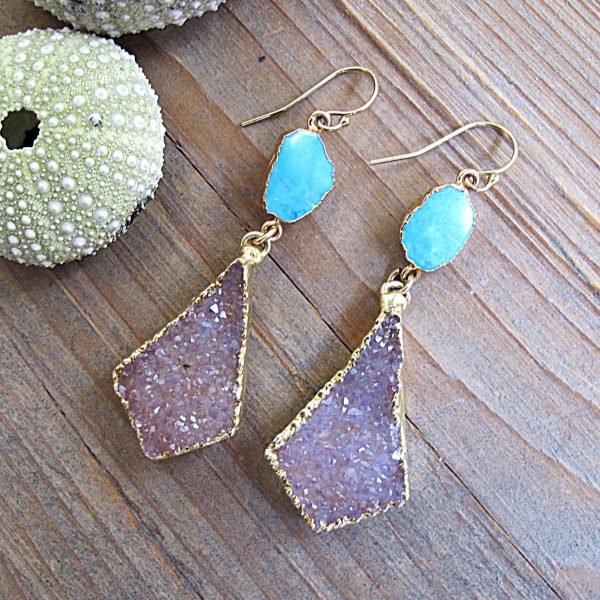 Turquoise Slice & Mauve Druzy Earrings
