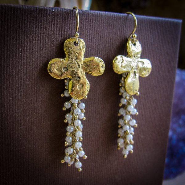 Bronze Cross & Seed Pearl Earrings - Designer Jewelry by Clare Mills