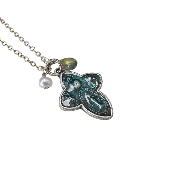 Antique Four Way Cross Blue Enamel Protection Medal on Sterling Silver Chain - Image 2