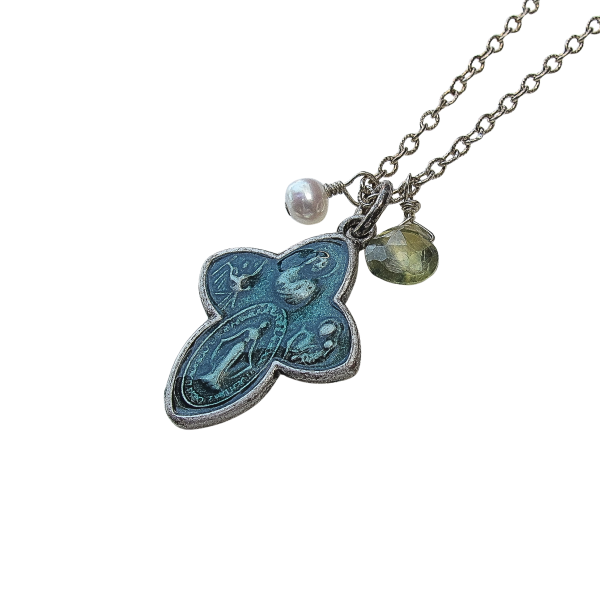 Antique Four Way Cross Blue Enamel Protection Medal on Sterling Silver Chain - Image 3