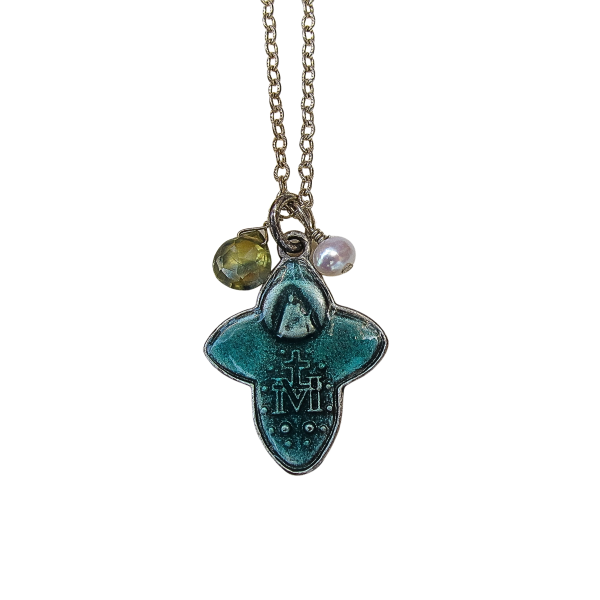 Antique Four Way Cross Blue Enamel Protection Medal on Sterling Silver Chain - Image 4