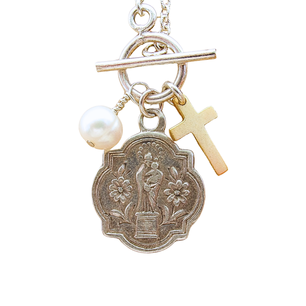 Our Lady of the Pillar Antique Medal Necklace from Italy on Sterling Silver Chain