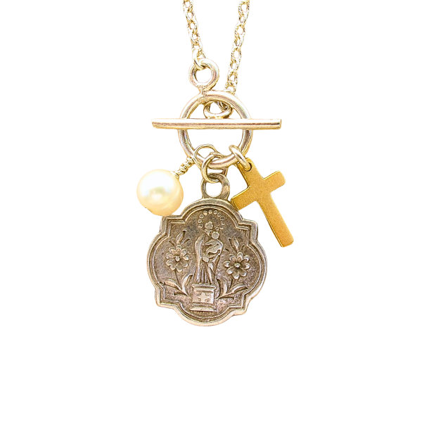 Our Lady of the Pillar Antique Medal Necklace from Italy on Sterling Silver Chain - Image 2