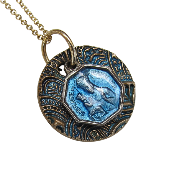 Saint Anne De Beaupre Blue Enamel Antique Medal Necklace - Image 2