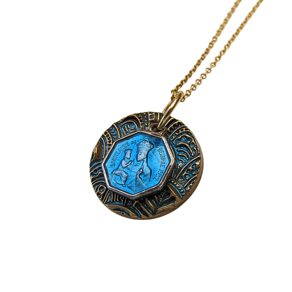 Saint Anne De Beaupre Blue Enamel Antique Medal Necklace - Image 3