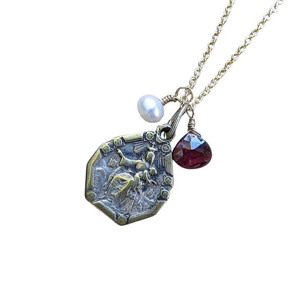 Sacred Heart of Jesus & Virgin of Carmel Antique Medal with Garnet & Pearl - Image 2