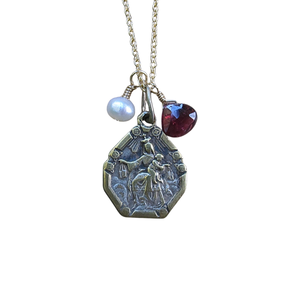 Sacred Heart of Jesus & Virgin of Carmel Antique Medal with Garnet & Pearl