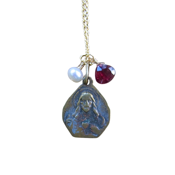 Sacred Heart of Jesus & Virgin of Carmel Antique Medal with Garnet & Pearl - Image 3