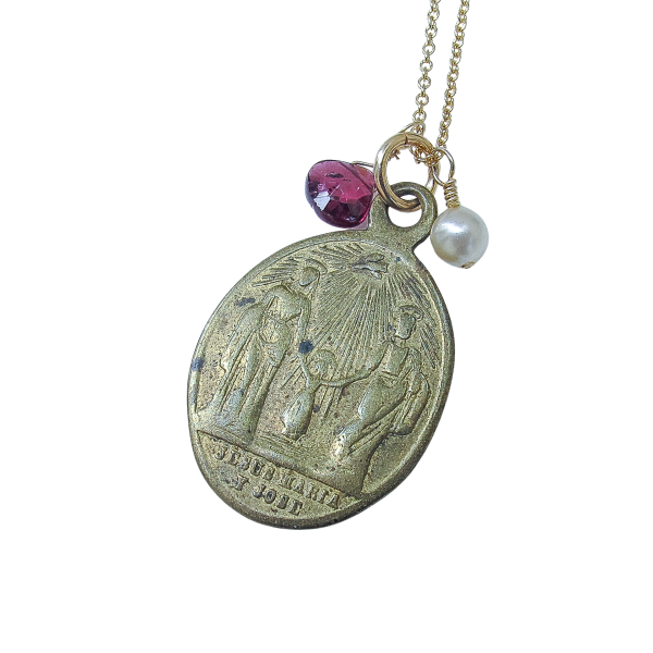 Sacred Family & Sacred Heart Antique Medal with Garnet & Pearl - Image 2