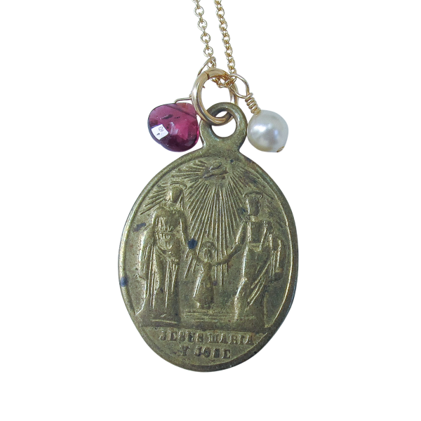 Sacred Family & Sacred Heart Antique Medal with Garnet & Pearl