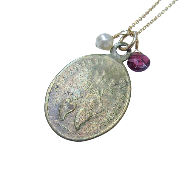 Sacred Family & Sacred Heart Antique Medal with Garnet & Pearl - Image 3