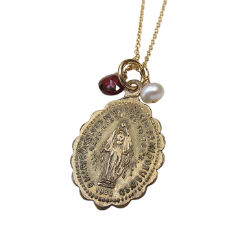Scalloped Miraculous Mary Antique Necklace with Pearl & Garnet