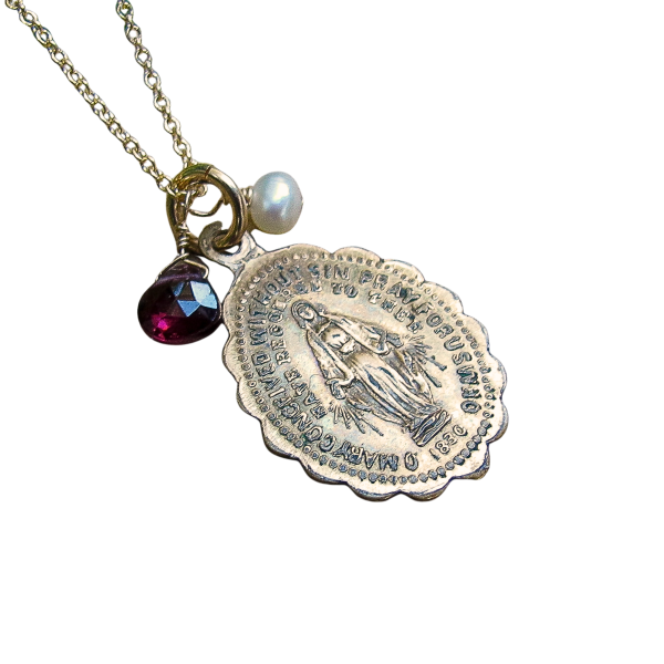 Scalloped Miraculous Mary Antique Necklace with Pearl & Garnet - Image 2