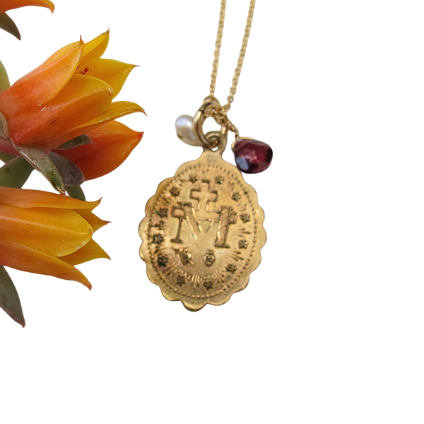 Scalloped Miraculous Mary Antique Necklace with Pearl & Garnet - Image 4