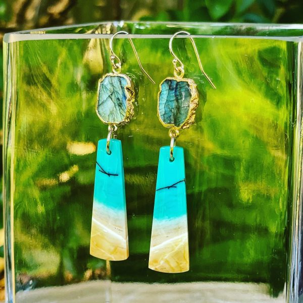Labradorite Slice & Petrified Wood Earrings - Image 2