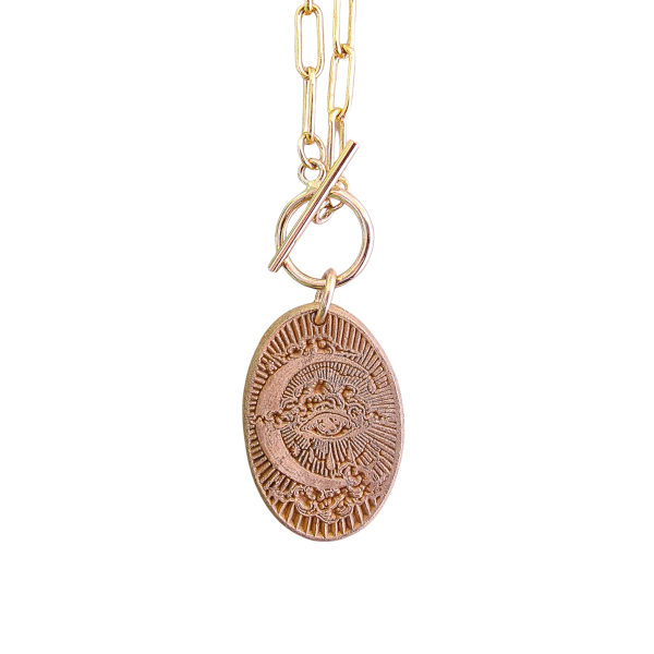 Hand Textured All Seeing Eye Bronze Medal Necklace on Paperclip Chain - Image 3