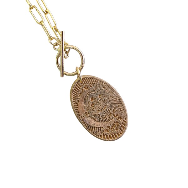 Hand Textured All Seeing Eye Bronze Medal Necklace on Paperclip Chain - Image 2