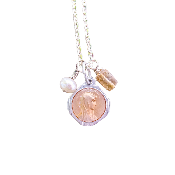 Mother Mary & Lourdes Peach Enamel Medal on Sterling Silver Chain