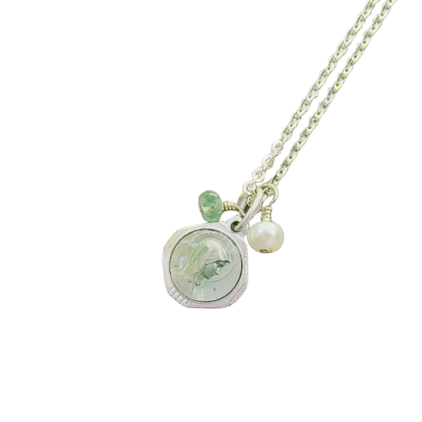 Mother Mary & Lourdes Green Enamel Medal on Sterling Silver Chain - Image 3
