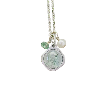Mother Mary & Lourdes Green Enamel Medal on Sterling Silver Chain