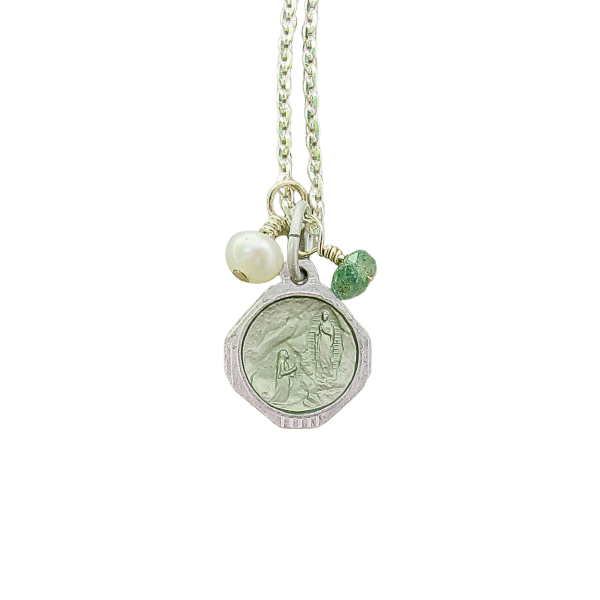 Mother Mary & Lourdes Green Enamel Medal on Sterling Silver Chain - Image 2