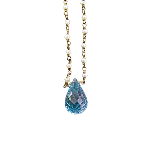 Swiss Blue Topaz Necklace on Baby Freshwater Pearl Chain - Image 2