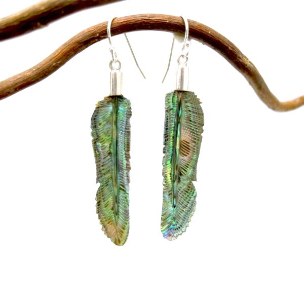 Carved Abalone Shell Feather Earrings - Image 2