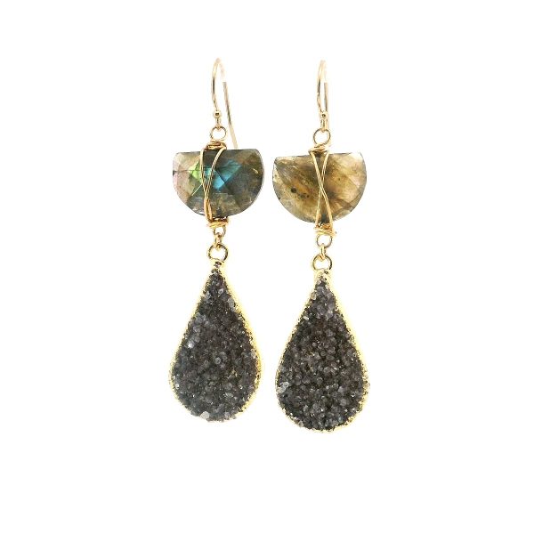 Labradorite and Druzy Earrings with Gold Filled Setting - Image 5