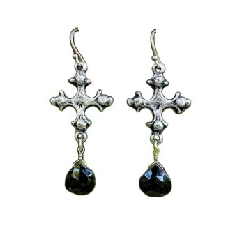 Pewter Cross and Black Onyx Dangle Earrings – Sterling Silver Ear Wires