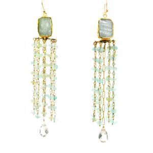 “Sea-Mist Cascade” Aquamarine, Chalcedony & Green Amethyst Chandelier Earrings
