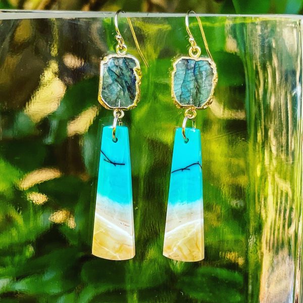 Labradorite Slice & Petrified Wood Earrings