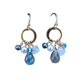 AAA Labradorite, Moonstone, London Blue Topaz, and Peacock Pearl Dangle Earrings